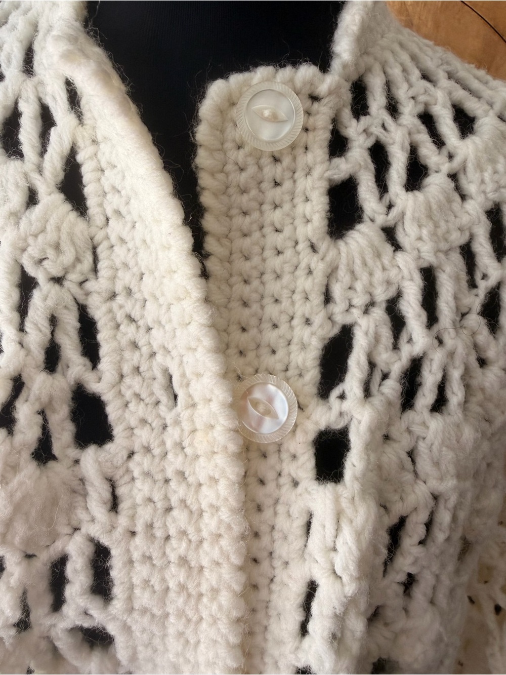 Cream Open-Weave Fringe crochet Button-Front Women's Poncho Swim cover up - Picture 2 of 6